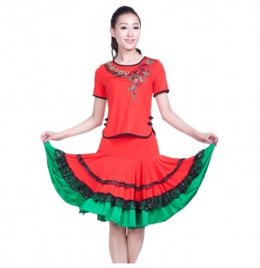 Green red fuchsia hot pink patchwork short sleeves women's girls performance latin salsa cha cha rumba samba dance dresses set outfits